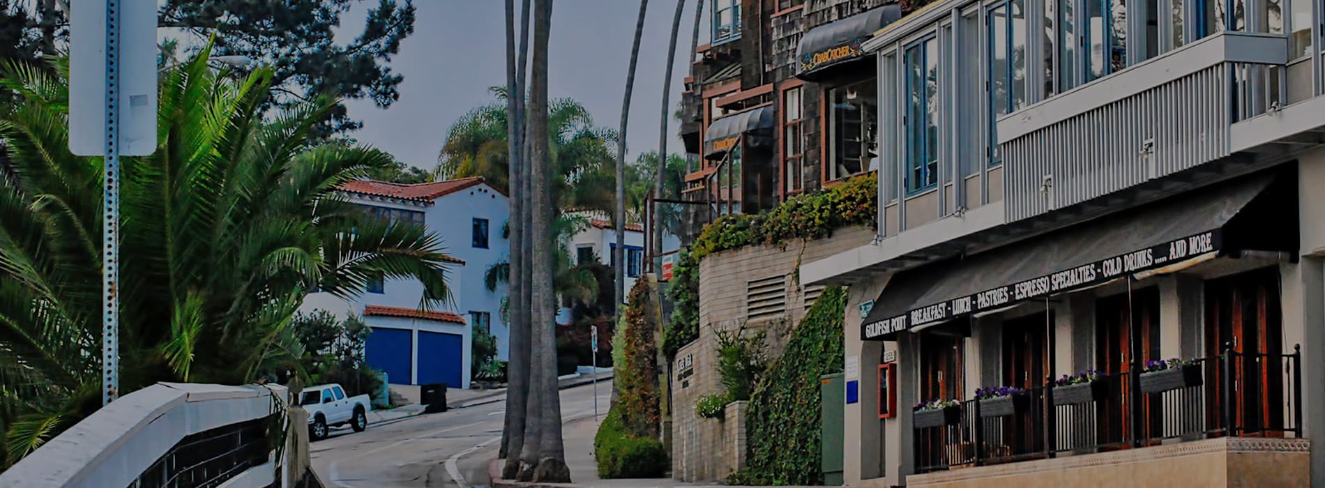 View of a picturesque street in La Jolla. Discover homes for sale opportunities in San Diego