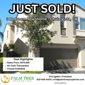 Palm tree real estate - just sold sign in front of a property in Chula Vista