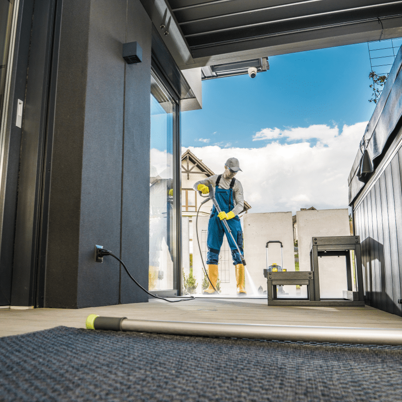 A man in blue shirt and overalls cleaning patio, emphasizing the importance of property cleaning.