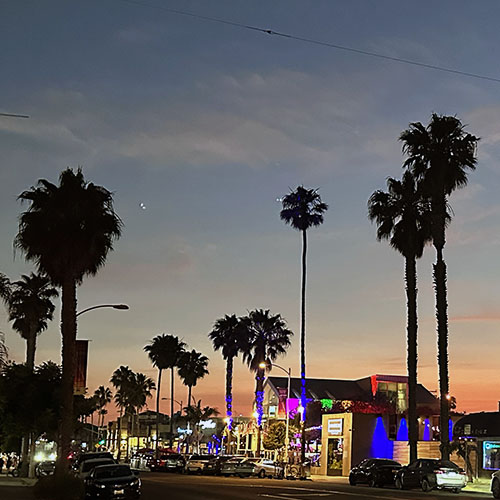 Sunset casts a warm glow over palm trees lining the street in Pacific Beach, California, creating a serene coastal atmosphere.