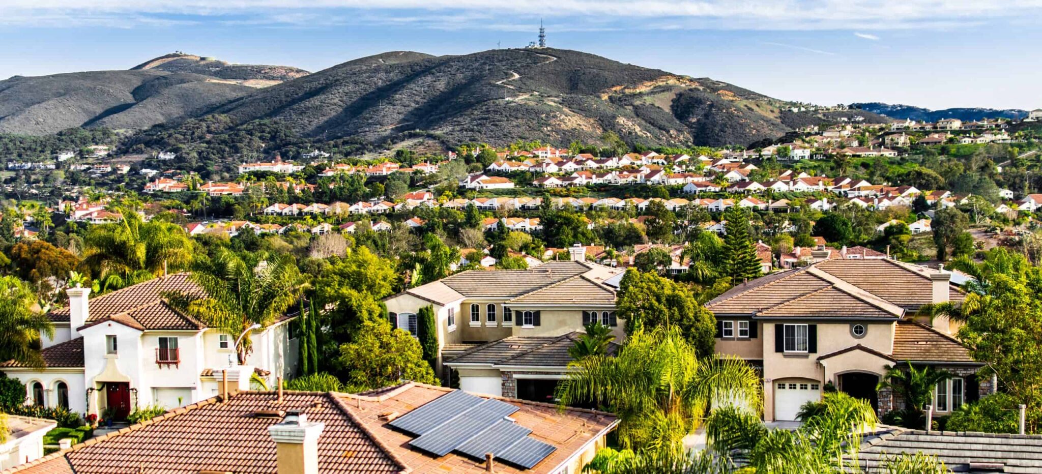 A picturesque view of houses nestled in a serene residential neighborhood, showcasing diverse architectural styles in San Marcos CA