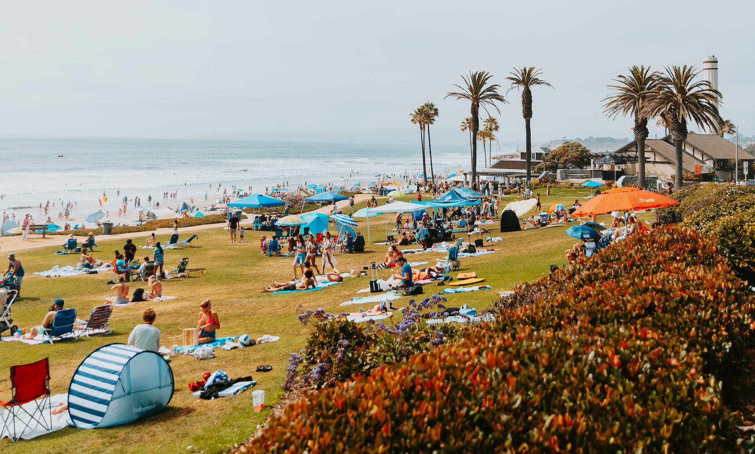 People relax and enjoy the sunny beach in Del Mar, CA, showcasing a vibrant atmosphere of leisure and property management.