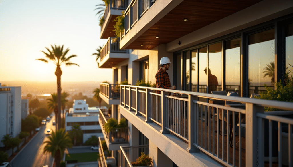 An inspector at a balcony making sure a building in San Diego is compliant to SB 721 California Law