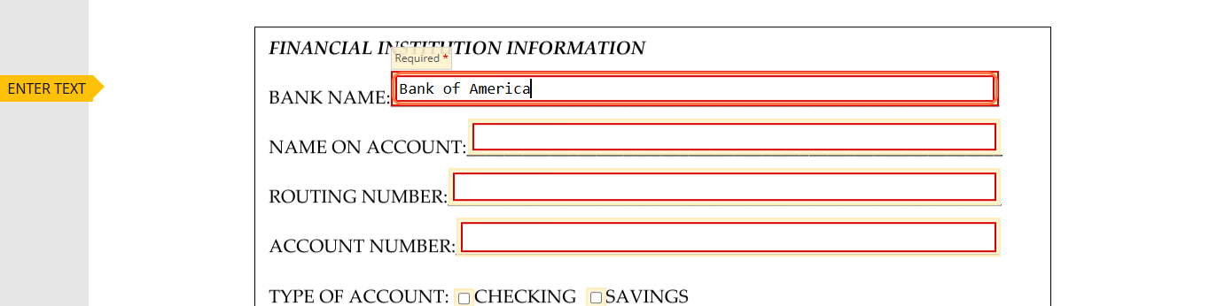 Bank information fields