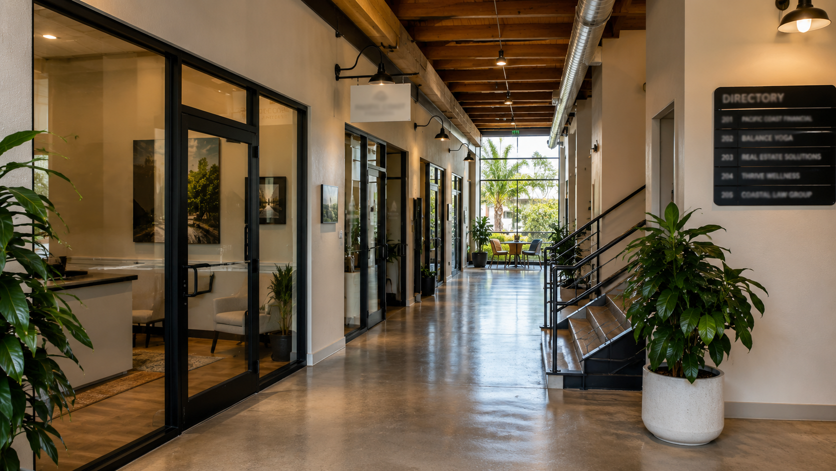 Commercial corridor interior - well-lit shared common area in a San Diego office building