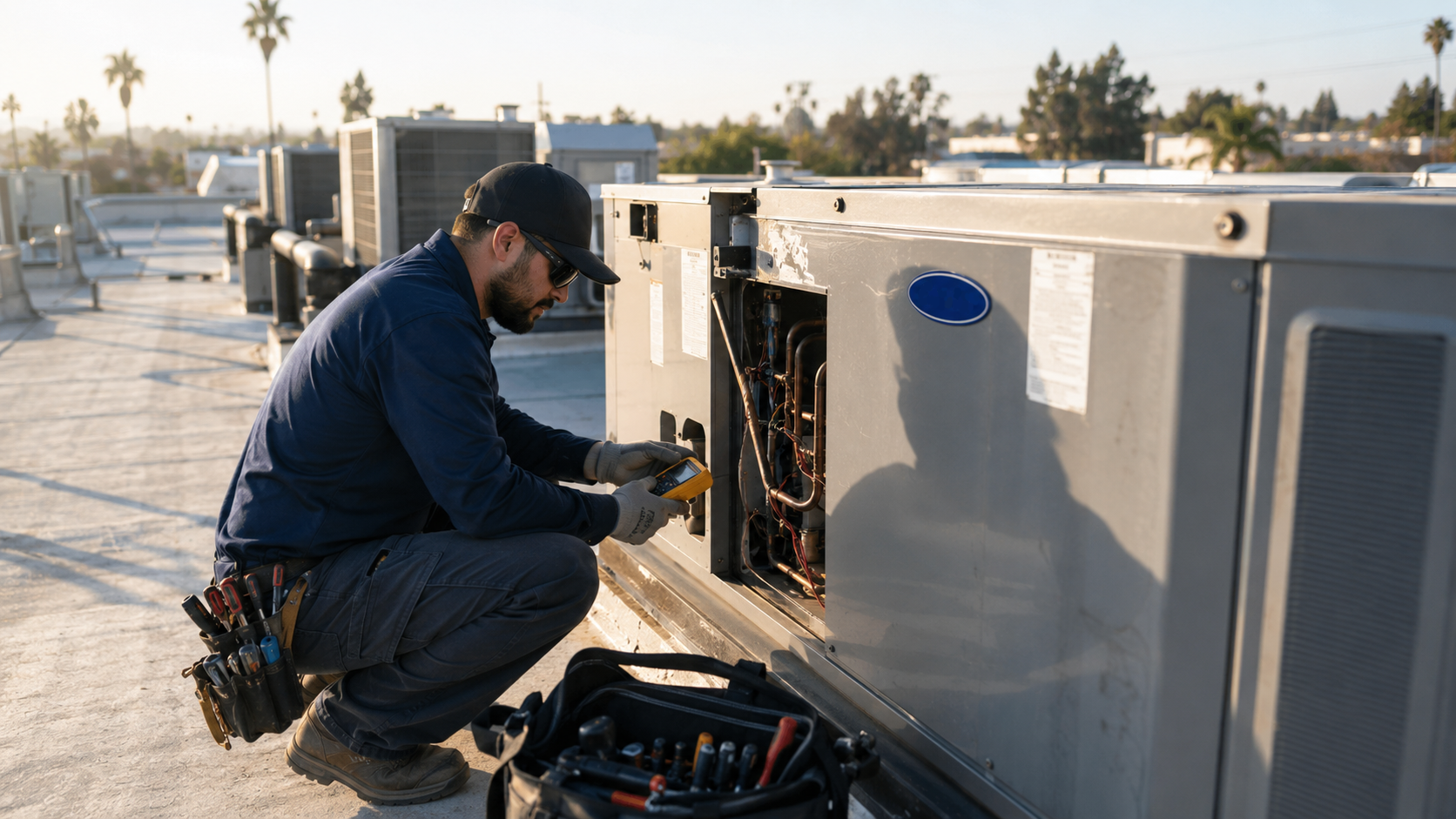 HVAC maintenance - licensed technician servicing rooftop equipment on a commercial property