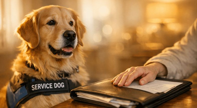 Person with service dog in apartment