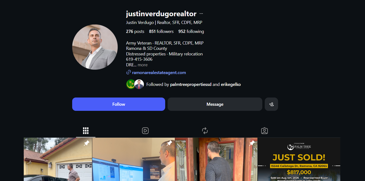 Instagram profile @justinverdugorealtor built and managed by Palm Tree Properties