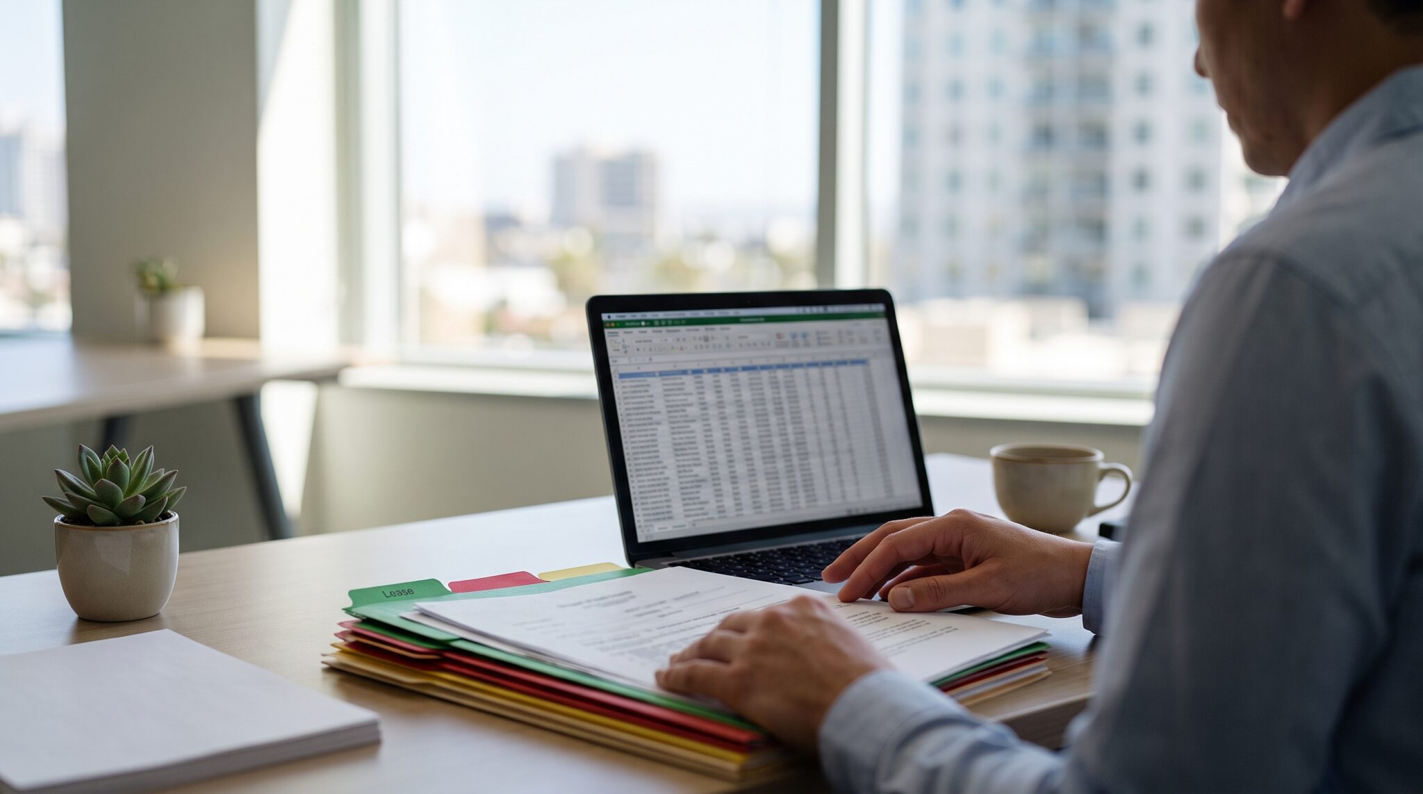 Property manager reviewing lease files and rent roll during a multifamily transition