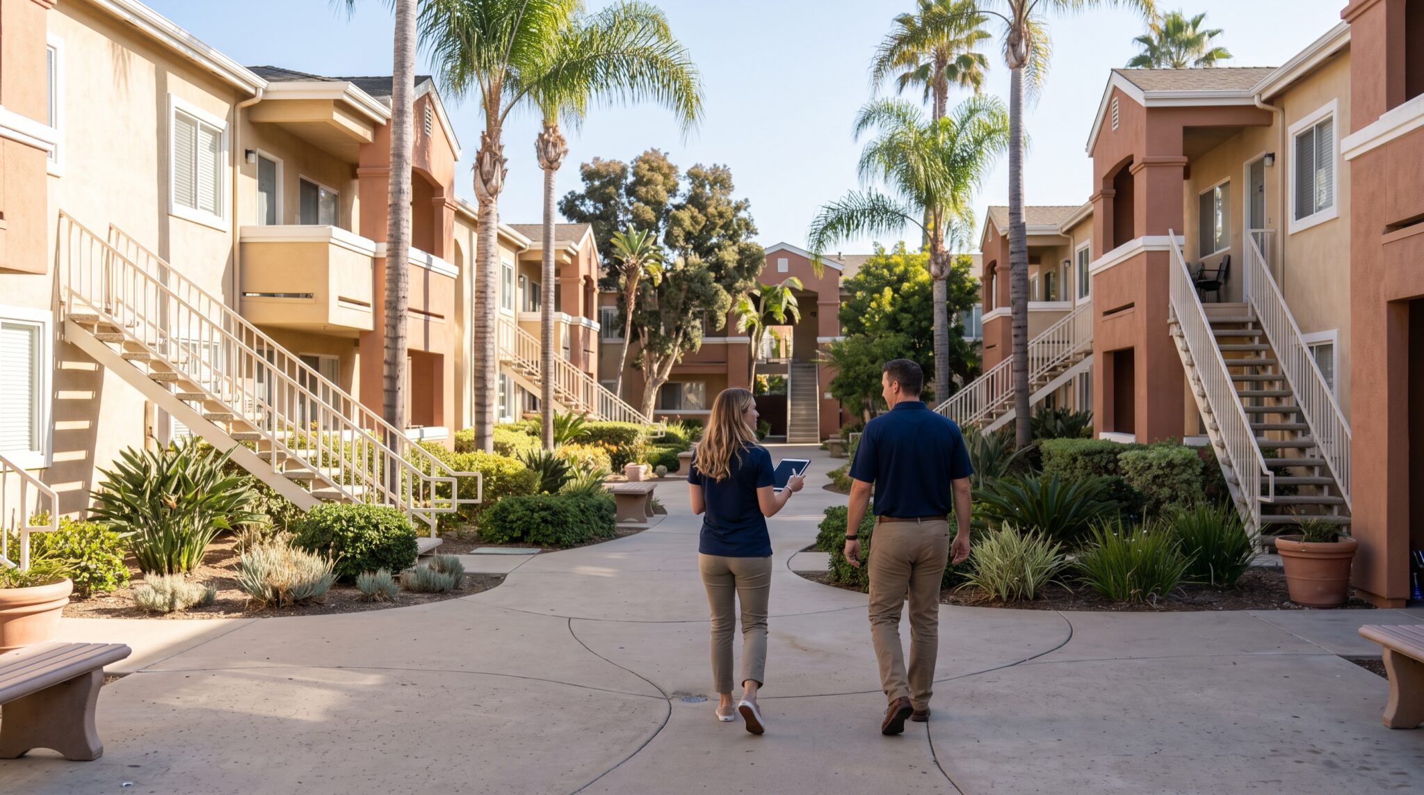Palm Tree Properties team walking through a San Diego multifamily property