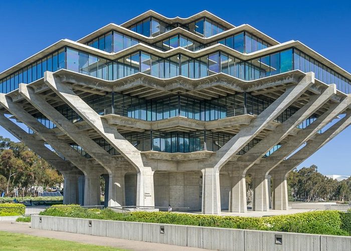 Panoramic view of San Diego Campus Library in University City. Discover homes for sale opportunities with the best real estate agents in San Diego.