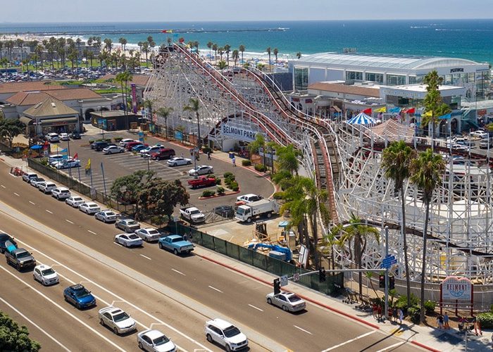 Aerial view of Belmont Park in San Diego. Discover homes for sale opportunities in Mission Beach with the best real estate agents in San Diego