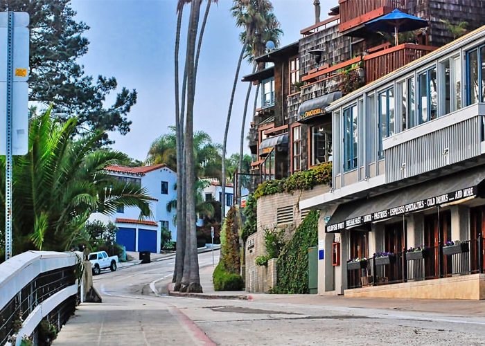 View of a picturesque street in La Jolla. Discover homes for sale opportunities in San Diego