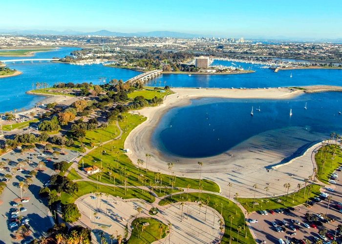 Aerial view of Mission Bay Park. Discover homes for sale opportunities with the best real estate agents in Bay Park’s San Diego